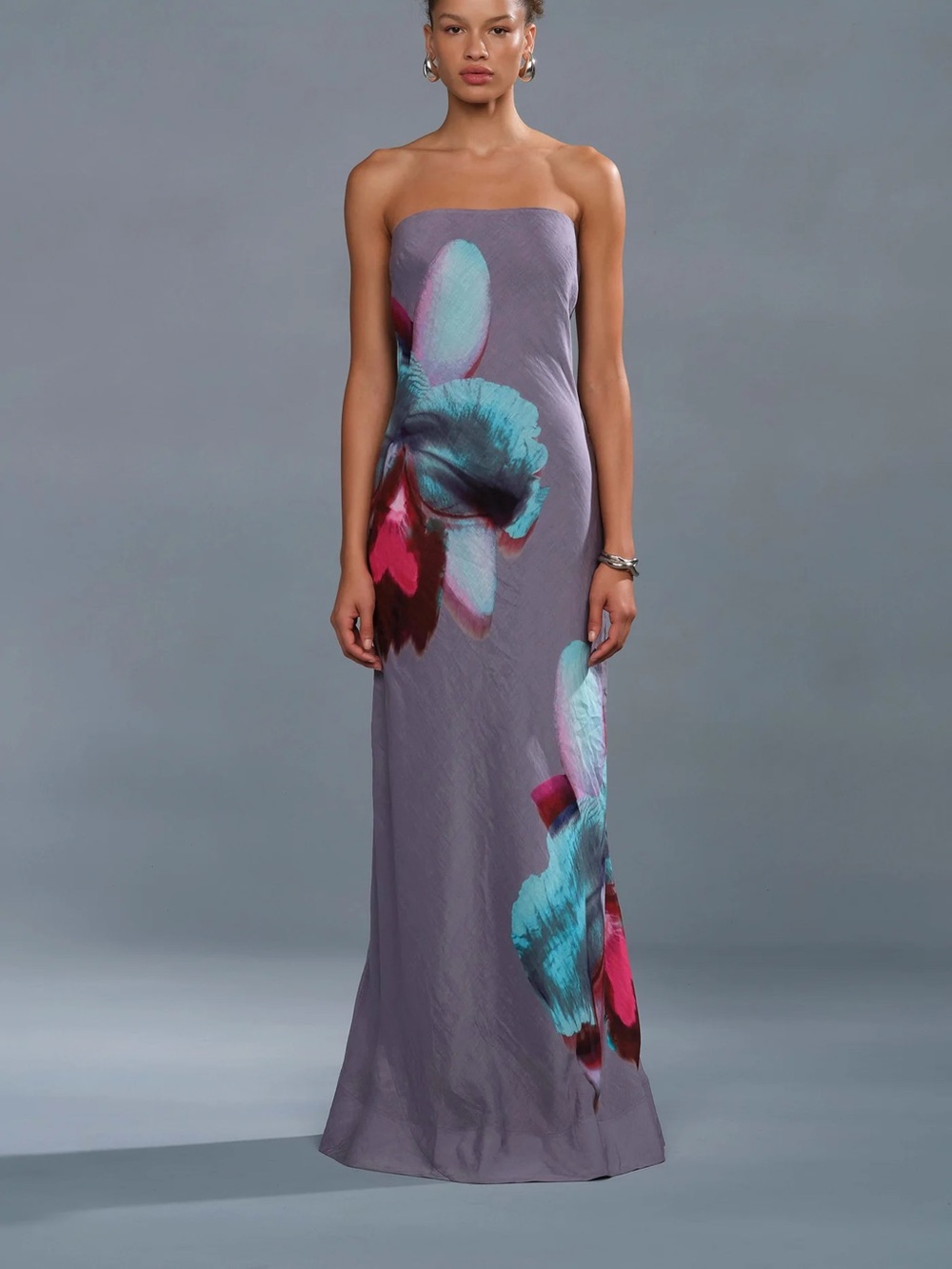 AMUR Strapless Lavender Maxi Dress with Turquoise and Fuchsia Floral Accents